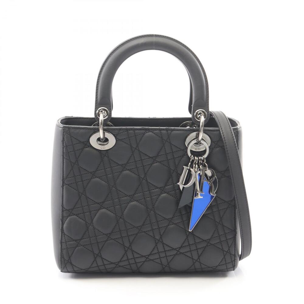 Christian Dior Lady Cannage Handbag Leather Black